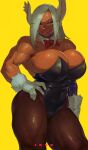  1girl :p absurdres animal_ears artist_name bare_shoulders black_leotard boku_no_hero_academia bow bowtie breasts cleavage contrapposto covered_navel dark-skinned_female dark_skin detached_collar gloves hair_over_one_eye hand_on_hip highres huge_breasts ibuo_(ibukht1015) leotard long_eyelashes looking_at_viewer mirko muscular muscular_female pantyhose playboy_bunny prosthesis prosthetic_arm rabbit_ears rabbit_girl red_bow red_bowtie red_eyes short_hair solo strapless strapless_leotard thick_thighs thighs tongue tongue_out white_gloves white_hair yellow_background 