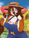  anthro big_breasts blue_eyes blush bovid bovine breasts brown_hair cattle cleavage clothed clothing collarbone female food hair horn lips long_hair mammal overalls popsicle popsicle_melting solo ziffir 