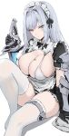  1girl alternate_costume apron bangs blue_eyes blush bow breast_tattoo breasts closed_mouth dress enmaided ethel_(xenoblade) frills gloves grey_hair haoni highres holding huge_breasts knee_up long_hair looking_at_viewer maid maid_apron maid_headdress puffy_sleeves ribbon sitting solo sword tattoo thighhighs very_long_hair weapon white_background xenoblade_chronicles_(series) xenoblade_chronicles_3 