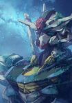  absurdres cloud english_commentary green_eyes gundam gundam_aerial gundam_suisei_no_majo highres innoarukugyou mecha mobile_suit moss night night_sky no_humans overgrown portrait robot science_fiction sky solo v-fin 