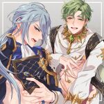  2boys blue_eyes blue_hair edmond_(nu_carnival) green_eyes green_hair light_blue_hair long_hair looking_at_viewer low_ponytail male_focus mobugorilla multiple_boys nu_carnival olivine_(nu_carnival) 