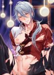  1boy blue_hair blush closed_eyes cum edmond_(nu_carnival) ejaculation erection light_blue_hair long_hair looking_at_viewer low_ponytail male_focus mobugorilla nu_carnival solo 