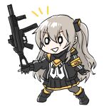  0_0 1girl 404_logo_(girls&#039;_frontline) armband bangs black_gloves black_jacket black_skirt commentary_request fingerless_gloves fuku_(fuku12290574) girls&#039;_frontline gloves grey_hair gun h&amp;k_ump45 hair_between_eyes hair_ornament holding holding_gun holding_weapon jacket long_hair long_sleeves one_side_up open_clothes open_jacket pantyhose pleated_skirt scar scar_across_eye scar_on_face shirt simple_background skirt smile solo ump45_(girls&#039;_frontline) weapon white_background white_shirt 