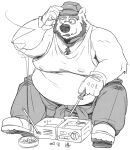  2022 anthro beard bottomwear clothing eyewear facial_hair glasses hat headgear headwear humanoid_hands kemono love_mechanic male mammal mature_male overweight overweight_male pants shirt sitting solo tom_(lm) topwear ursid yamakake 