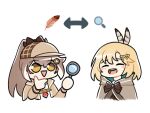  ahoge bangs blonde_hair brown_hair cosplay costume_switch deerstalker detective feather_hair_ornament feathers hair_ornament hat hololive hololive_english long_hair magnifying_glass monocle_hair_ornament multicolored_hair multiple_girls namelessakikaze nanashi_mumei open_mouth ponytail shirt short_hair smile streaked_hair trench_coat very_long_hair virtual_youtuber watson_amelia white_shirt 