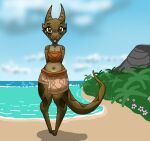  anthro beach breasts brown_body brown_clothing brown_eyes brown_scales brown_tail cleavage clothed clothing cloud detailed_background digital_media_(artwork) eyelashes female flower kobold looking_at_viewer markings mountain multicolored_body multicolored_scales navel orange_clothing outside paws plant scales scalie seaside smile solo squablodecomplash tail_markings tongue tongue_out two_tone_body two_tone_scales two_tone_tail water wiggles_(squablodecomplash) 