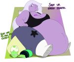  2015 alien alien_humanoid amethyst_(steven_universe) belly big_belly big_butt bottomwear butt cartoon_network clothing dialogue duo eye_contact female footwear gem gem_(species) green_body green_skin hair hair_over_eye humanoid looking_at_another navel obese obese_female obese_humanoid one_eye_closed one_eye_obstructed overweight overweight_female overweight_humanoid pants peridot_(steven_universe) purple_body purple_skin shirt shoes sitting sitting_on_another smappa steven_universe tank_top text thick_thighs topwear visor 