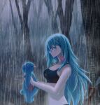  1girl abc03219 ahoge bangs bare_arms black_sports_bra blue_eyes blue_hair breasts cleavage closed_mouth commission from_side hair_between_eyes highres long_hair matsumoto_(vivy) medium_breasts midriff outdoors pixiv_request rain sports_bra stomach straight_hair very_long_hair vivy vivy:_fluorite_eye&#039;s_song wet wet_hair 