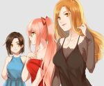  3girls arms_behind_back black_dress blonde_hair blue_dress breasts brown_hair closed_mouth collarbone dress floating_hair green_eyes grey_background grey_shirt hair_ribbon hand_in_own_hair kisara_(tales) komesb long_hair long_sleeves looking_at_viewer medium_breasts multiple_girls off-shoulder_dress off_shoulder open_mouth orange_eyes pinafore_dress pink_hair ponytail red_dress red_ribbon ribbon rinwell_(tales) shiny shiny_hair shionne_(tales) shirt short_hair simple_background sketch sleeveless sleeveless_dress sleeves_past_wrists smile spaghetti_strap straight_hair tales_of_(series) tales_of_arise upper_body very_long_hair 