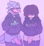  aipeco18 anthro avian balls beak berdly bird blue_balls blue_body blue_feathers blush bodily_fluids bottomless bottomless_male brown_hair clothed clothing comparing comparing_penis deltarune duo eyewear feathers foreskin genitals glasses hair hair_over_eyes hand_in_pocket hi_res hoodie human kris_(deltarune) legwear male male/male mammal microsoft narrowed_eyes nerd open_beak open_mouth penis pink_penis playstation pockets portrait pubes simple_background smile sony_corporation sony_interactive_entertainment standing sweat sweatdrop sweatshirt tail_feathers tan_balls tan_body tan_penis tan_skin tapering_penis text text_on_clothing text_on_hoodie text_on_topwear thigh_highs three-quarter_portrait tongue topwear undertale_(series) video_games xbox xbox_game_studios yellow_beak 
