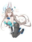  1girl animal_ears asuna_(blue_archive) asuna_(bunny)_(blue_archive) bare_shoulders black_pantyhose blue_archive blue_bow blue_bowtie blue_eyes blue_footwear blue_leotard bow bowtie breasts cleavage deitaku detached_collar fake_animal_ears gloves grin hair_over_one_eye halo highleg highleg_leotard highres large_breasts leotard light_brown_hair long_hair mole mole_on_breast pantyhose playboy_bunny rabbit_ears rabbit_tail smile solo strapless strapless_leotard tail traditional_bowtie very_long_hair white_gloves 