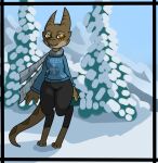  anthro black_clothing blue_clothing breasts brown_body brown_eyes brown_scales brown_tail clothing eyelashes fangs female grey_clothing head_markings hi_res horn kobold markings mountain multicolored_body multicolored_clothing multicolored_scales outside scales scalie scarf snow solo squablodecomplash tail_markings two_tone_body two_tone_clothing two_tone_scales two_tone_tail white_clothing wiggles_(squablodecomplash) winter 