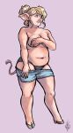  anthro blonde_hair blue_eyes bottomwear breasts clothed clothing cloven_hooves covering covering_breasts domestic_pig female freckles hair hi_res honest_radish hooves mammal panties shorts slightly_chubby smile solo standing suid suina sus_(pig) tail_tuft topless tuft underwear undressing 
