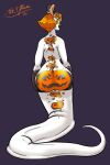  anthro bovid bovine butt digital_media_(artwork) female hair halloween hi_res holidays horn mammal ophiotaurus pumpkin_(tekandprieda) pumpkin_butt reptile scalie simple_background snake solo tekandprieda_(artist) the_rune_tapper 