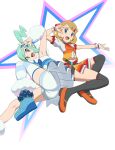  2girls :d armpits bangs black_thighhighs blonde_hair blue_eyes blue_footwear boots commentary_request earrings eyelashes green_eyes green_hair hair_ornament hairclip happy highres ia_(ilwmael9) jewelry lisia_(pokemon) looking_at_viewer multiple_girls open_mouth orange_footwear overskirt pokemon pokemon_(anime) pokemon_journeys serena_(pokemon) shirt shoes short_hair short_sleeves shorts shorts_under_skirt single_thighhigh smile striped striped_thighhighs swept_bangs thighhighs tongue w white_shirt white_shorts 