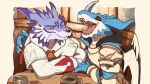  annoyed anthro arm_around_shoulders bandai_namco blue_body clothing dahecksajerry digimon digimon_(species) dragon duo exveemon fur horn male paladin robe striped_body striped_fur stripes weregarurumon white_mage wings 