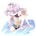  2girls animal_ears anklet bangs black_one-piece_swimsuit blush breasts carrying closed_eyes dress eyewear_on_head gold_ship_(run_revolt_launcher)_(umamusume) gold_ship_(umamusume) grin horse_ears horse_girl horse_tail jewelry legs long_hair looking_at_another medium_breasts mejiro_mcqueen_(ripple_fairlady)_(umamusume) mejiro_mcqueen_(umamusume) multiple_girls necklace one-piece_swimsuit one_eye_closed open_mouth princess_carry purple_hair romi_(346_ura) sandals smile sunglasses swimsuit tail thigh_strap umamusume water water_gun white_dress 