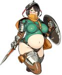  1girl armor bangs brown_hair clothing_cutout glasses helmet highres mole navel nisetanaka original plump red-framed_eyewear shield short_hair stomach_cutout sword thick_thighs thighs weapon white_background yellow_eyes zettai_ryouiki 