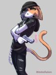  2022 anthro artist_name black_beanie black_clothing black_hoodie black_topwear bottomwear calico_cat clothing domestic_cat epic_games felid feline felis female fortnite gun hi_res hoodie joshopaisen lidded_eyes mammal meow_skulls_(fortnite) mottled pants piebald portrait ranged_weapon shaded simple_background soft_shading solo three-quarter_portrait topwear torn_clothing video_games weapon 