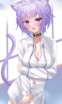  1girl absurdres animal_ears black_collar bottomless breasts cat_ears cat_tail cleavage collar highres holding_own_arm hololive large_breasts navel nekomata_okayu partially_unbuttoned purple_eyes purple_hair shirt tail thorny tongue tongue_out virtual_youtuber white_shirt 