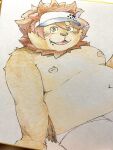  anthro belly blush brown_body brown_fur brown_mane clothing felid fur hat headgear headwear hi_res lifewonders lion looking_at_viewer male mammal mane moobs navel nipples overweight pantherine s_ouo solo tokyo_afterschool_summoners traditional_media_(artwork) underwear vapula_(tas) video_games visor_cap 