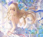  1girl absurdres blonde_hair blue_eyes blue_flower breasts candle dress feather_hair_ornament feathers ffg-571 flower hair_ornament highres lexington_(warship_girls_r) long_hair medium_breasts solo strapless strapless_dress tiara very_long_hair warship_girls_r white_dress 