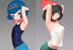  2girls armpits arms_behind_head beanie blue_eyes blue_hair blue_pants blush bright_pupils commentary_request freckles green_shorts gumakara hairband hat lana_(pokemon) looking_at_viewer lower_teeth multiple_girls no_sclera one-piece_swimsuit open_mouth pants pokemon pokemon_(game) pokemon_sm red_headwear selene_(pokemon) shirt short_hair shorts sweat swimsuit swimsuit_under_clothes teeth tongue white_pupils yellow_hairband 