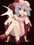  1girl arm_support armchair bangs bat_wings blue_hair bobby_socks bow breasts buttons chair closed_mouth collared_dress commentary_request crossed_legs dress eyes_visible_through_hair footwear_bow full_body hat hat_bow highres looking_at_viewer mary_janes mob_cap pink_dress pink_eyes red_bow red_nails remilia_scarlet shoes short_hair single_wrist_cuff sitting small_breasts socks solo touhou wings wrist_cuffs yamase 