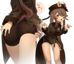  absurdres ass ass_grab bangs brown_eyes brown_hair claw_pose fang feet_out_of_frame genshin_impact grabbing_own_ass hair_between_eyes hat highres hu_tao_(genshin_impact) long_hair looking_at_viewer obychny open_mouth ponytail shorts sidelocks skin_fang sweat symbol-shaped_pupils white_background 