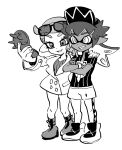  1boy 1girl baseball_cap boots champion_uniform crossed_arms dark-skinned_male dark_skin dede_(qwea_00000) eyewear_on_head greyscale hand_on_another&#039;s_shoulder hat highres inkling inkling_boy inkling_girl leon_(pokemon) monochrome pointy_ears pokemon pokemon_(game) pokemon_swsh selfie smile sonia_(pokemon) splatoon_(series) standing sunglasses tentacle_hair 