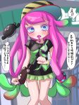  1girl bag baseball_cap black_shirt blue_eyes blush clenched_hands clownfish commentary_request drooling fish gradient_hair green_hair green_skirt harmony&#039;s_clownfish_(splatoon) harmony_(splatoon) hat highres long_hair looking_at_viewer low-tied_long_hair miniskirt multicolored_hair open_mouth pink_hair shirt short_sleeves skirt solo speech_bubble splatoon_(series) splatoon_3 striped striped_headwear t-shirt tama_nya tentacle_hair thigh_gap thighs translation_request two-tone_hair 