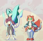  absurd_res anthro asian_mythology canid canine cephalopod clothing coat coleoid decapodiform duo east_asian_mythology female female/female fox hi_res hoodie hybrid japanese_mythology mammal marine midriff mollusk multi_tail mythology octopodiform octopus partlysmith pupils raccoon_dog size_difference skinny slightly_chubby slit_pupils tanuki tentacles topwear yokai 