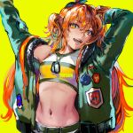  1girl animal_ears arms_up bangs belt breasts character_name crop_top dog_tags ear_bow green_jacket hand_in_own_hair highres horse_ears jacket lips long_hair looking_at_viewer mayano_top_gun_(umamusume) midriff navel open_clothes open_jacket open_mouth orange_hair otimusyairoha outstretched_arm shirt simple_background sleeveless sleeveless_shirt small_breasts smile solo teeth two_side_up umamusume upper_body yellow_background yellow_eyes 