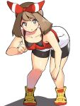  1girl arm_support bent_over bike_shorts bike_shorts_under_shorts bow breasts brown_hair collarbone hair_bow index_finger_raised looking_at_viewer may_(pokemon) mituyota_76 open_mouth pokemon pokemon_(game) pokemon_oras shadow shirt shorts simple_background sleeveless sleeveless_shirt standing white_background yellow_footwear 