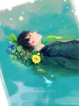  1boy black_hair blood blood_on_face flower highres lying_on_water male_focus ophelia_(painting) red_eyes short_hair solo water yomii_ba_chu 