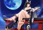 1girl absurdres animal_ear_fluff animal_ears azur_lane bangs barefoot black_hair blunt_bangs breasts cleavage closed_mouth crossed_legs facial_mark fox_ears fox_girl full_body full_moon hair_ornament highres jewelry katana large_breasts long_hair moon musashi_(azur_lane) nail_polish necklace purple_nails sheath sheathed shigatsu_(4gate) sitting sky soles solo star_(sky) starry_sky sword thighs toes weapon yellow_eyes 