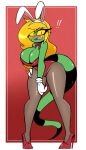  anthro big_breasts blonde_hair bow_ribbon breasts bunny_costume cleavage clothed clothing costume eliza_(nelljoestar) embarrassed fake_ears fake_rabbit_ears female footwear gloves green_body hair handwear hi_res high_heels iguanid legwear lizard long_hair long_tail nelljoestar pantyhose red_clothing red_footwear red_shoes reptile scalie sharp_teeth shoes solo teeth thick_thighs wide_hips yellow_sclera 