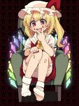  1girl armchair ascot bangs blonde_hair bobby_socks bow chair collared_shirt commentary_request crystal eyes_visible_through_hair fangs finger_to_mouth flandre_scarlet frilled_hat frilled_sleeves frills full_body hat hat_bow highres knees_up looking_at_viewer medium_hair mob_cap one_side_up open_mouth puffy_sleeves red_bow red_eyes red_nails red_skirt red_vest shirt sitting skirt smile socks solo teeth touhou upper_teeth v_over_mouth vest white_shirt white_socks wings yamase yellow_ascot 