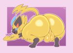  2022 all_fours anthro artist_name balls big_balls big_butt black_body border butt cheek_tuft digital_media_(artwork) eyes_closed facial_tuft feet fingers frumples fur generation_7_pokemon genitals huge_butt legendary_pokemon male multicolored_body nintendo nude open_mouth outline perineum pokemon pokemon_(species) presenting presenting_hindquarters purple_background purple_border raised_tail rear_view simple_background solo stretching teeth thick_thighs toes tongue tuft video_games white_nose wide_hips yawn yellow_body yellow_fur zeraora 