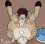  anthro balls birthday blush bodily_fluids body_writing border_leicester bovid butt caprine covered_eyes cum cum_inside digital_media_(artwork) domestic_sheep fur genital_fluids genitals hair hi_res looking_at_viewer male mammal nude pubbipaws sheep simple_background smile solo spread_butt spreading tongue tongue_out 