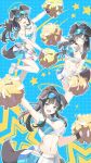  1girl animal_ears arm_up bare_shoulders black_hair blue_archive blue_background blue_eyes blush breasts cheering cheerleader commentary dog_tail half-closed_eyes hand_up hibiki_(blue_archive) hibiki_(cheerleader)_(blue_archive) highres midriff momiji_oroshi navel open_mouth pom_pom_(cheerleading) skirt smile starry_background tail visor_cap 