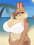  2022 4_fingers anthro beach big_breasts bikini blue_eyes breasts cleavage cleavage_overflow clothed clothing deep_navel dewlap_(anatomy) dipstick_ears eyelashes fangs female fingers fur gesture hazel_(shakotanbunny) huge_breasts lagomorph leporid mammal multicolored_ears navel open_mouth open_smile outside palm_tree plant rabbit sand sea seaside shakotanbunny signature slightly_chubby smile solo sun swimwear tan_body tan_fur thick_thighs tree v_sign water whiskers wide_hips 