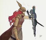  1girl armor cape closed_mouth covered_eyes dress elden_ring gaa_(mesimori_gaa) helmet holding holding_weapon long_hair malenia_blade_of_miquella mechanical_arms prosthesis prosthetic_arm red_cape red_hair simple_background single_mechanical_arm sword tarnished_(elden_ring) very_long_hair weapon winged_helmet 