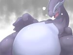  ambiguous_gender belly big_belly feral hi_res k_busho legendary_pokemon looking_at_viewer nintendo open_mouth pokemon pokemon_(species) red_eyes shadow_lugia shadow_pok&eacute;mon simple_background solo video_games 