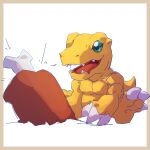  absurd_res agumon anthro bandai_namco bodily_fluids bone claws digimon digimon_(species) drooling food green_eyes hi_res hungry konokaijuda_(artist) male meat meat_on_bone saliva scalie simple_background solo white_background 