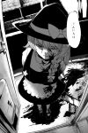  1girl apron bags_under_eyes balenciaguy bangs blood blood_splatter bow braid chainsaw commentary cookie_(touhou) door doorway frilled_apron frills full_body greyscale hair_between_eyes hair_bow half-closed_eyes hat hat_bow highres holding holding_chainsaw kirisame_marisa long_hair looking_at_viewer monochrome open_mouth pool_of_blood pov_doorway shirt side_braid single_braid skirt smile solo standing star_(symbol) suzu_(cookie) touhou translation_request unusually_open_eyes vest waist_apron witch_hat 