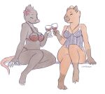  alcohol anthro beverage bra breasts brown_body brown_fur capybara caviid claws clothing container cup drinking_glass duo eulipotyphlan eyes_closed female fur glass glass_container glass_cup jewelry lingerie mammal mole_(animal) necklace rodent sitting smile star-nosed_mole underwear unimpressive_(artist) wine wine_glass 