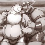  2017 absurd_res anthro bear_(bear_in_the_big_blue_house) bear_in_the_big_blue_house beard belly big_belly clothing duo facial_hair grisser hat headgear headwear hi_res humanoid_hands male male/male mammal moobs nipples overweight overweight_male smokey_bear smoking suspenders underwear united_states_forest_service ursid 