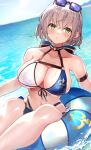  1girl absurdres arm_strap aya02ka bangs bikini blue_sky blush breasts cleavage eyewear_on_head green_eyes hair_between_eyes highres hololive lifebuoy looking_at_viewer ocean official_alternate_costume shirogane_noel sitting skirt sky solo swimsuit virtual_youtuber water white_hair 