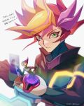  1boy absurdres ai_(yu-gi-oh!) blonde_hair blurry bodysuit card closed_mouth commentary_request copyright_name dated deck_of_cards depth_of_field duel_disk fujiki_yuusaku green_eyes hand_on_hip highres index_finger_raised looking_at_viewer male_focus multicolored_hair playmaker purple_hair red_hair serious simple_background spiked_hair translation_request turtleneck twitter_username upper_body white_background yu-gi-oh! yu-gi-oh!_vrains zero-go 